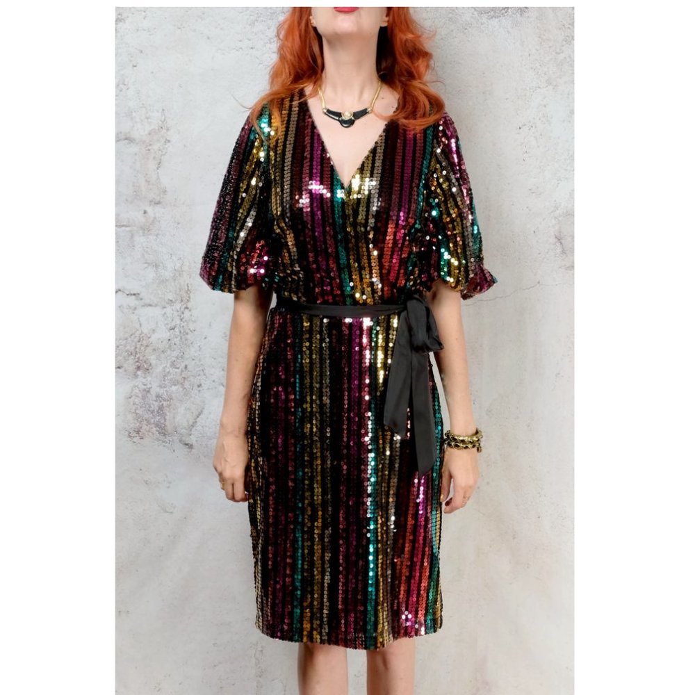 1990s Does 1970s Sequenced Midi Faux Wrap Dress - image 4